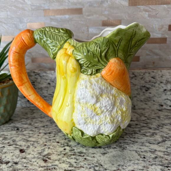 Pitcher, Vintage, Majolica, Ceramic Handpainted Garden Vegetables Decor, Italian - Picture 6 of 10